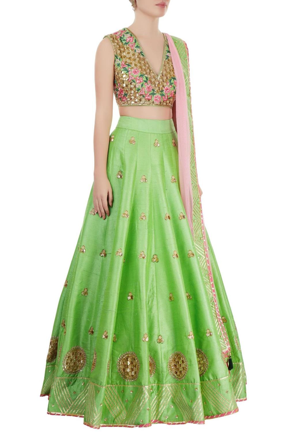 Green And Rose Pink Embroidered Lehenga Set