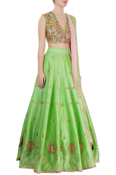 Green And Rose Pink Embroidered Lehenga Set