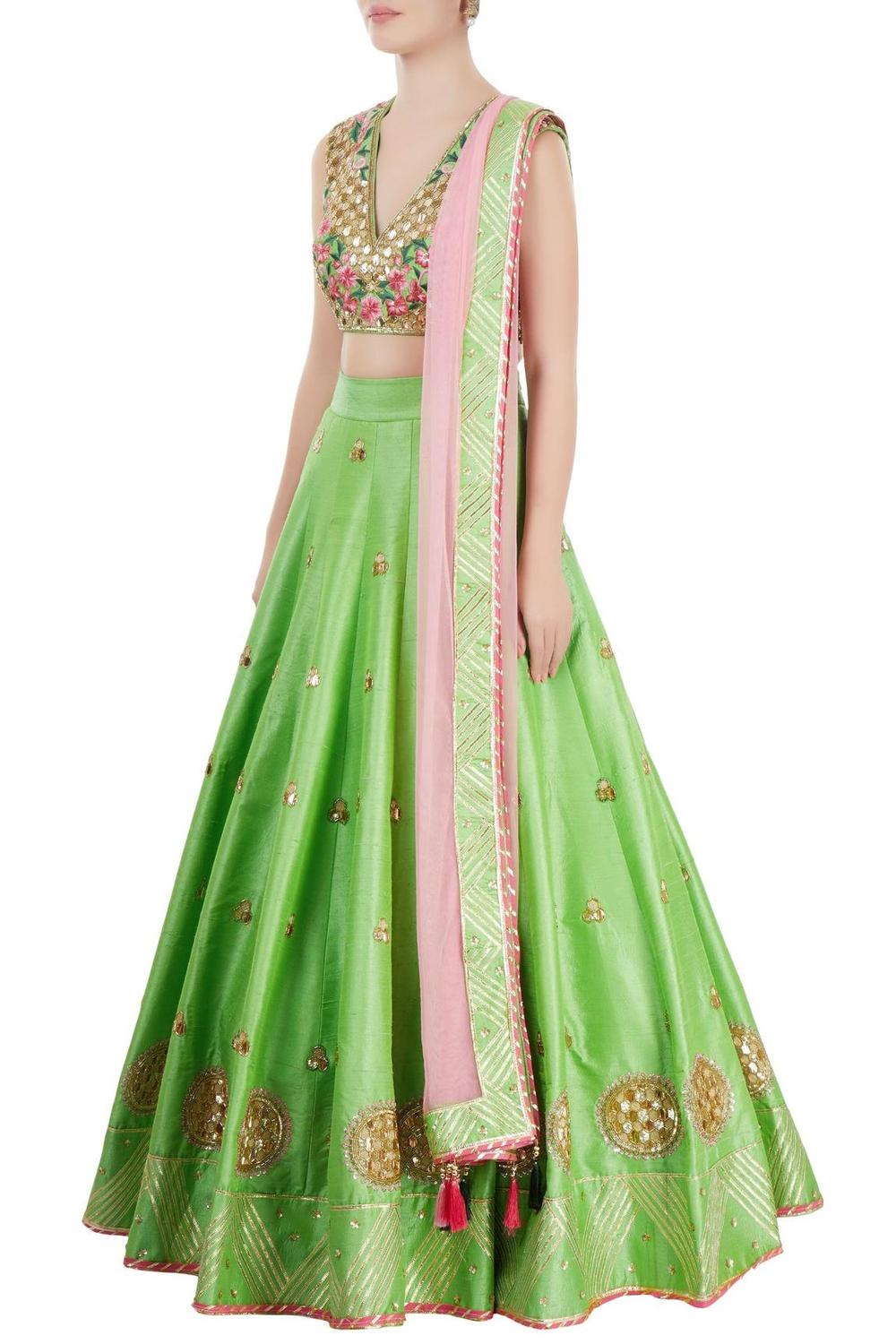 Green And Rose Pink Embroidered Lehenga Set