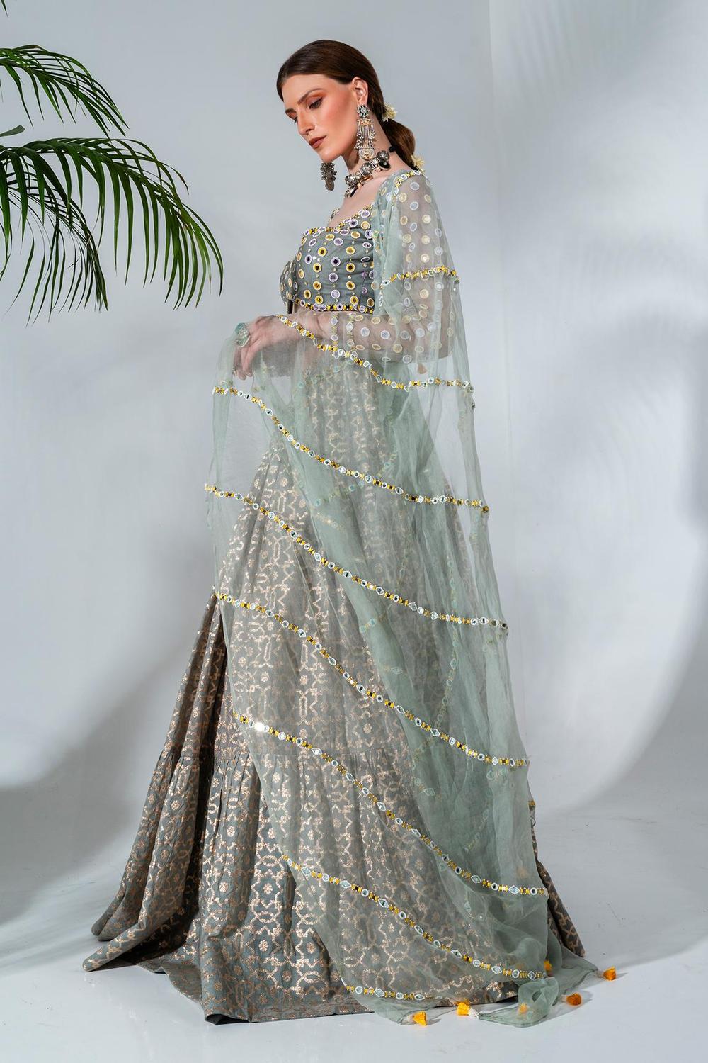 Green Banarasi Chanderi Silk Geometric Pattern Lehenga Set (BA)