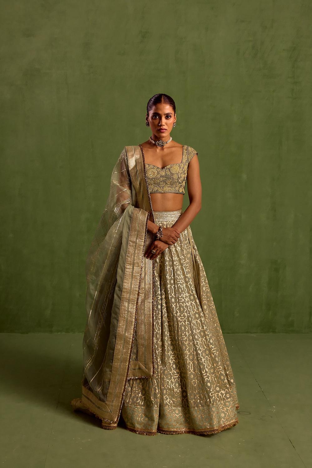 Green Banarasi Chanderi Woven Geometric Sweetheart Jaal Lehenga Set