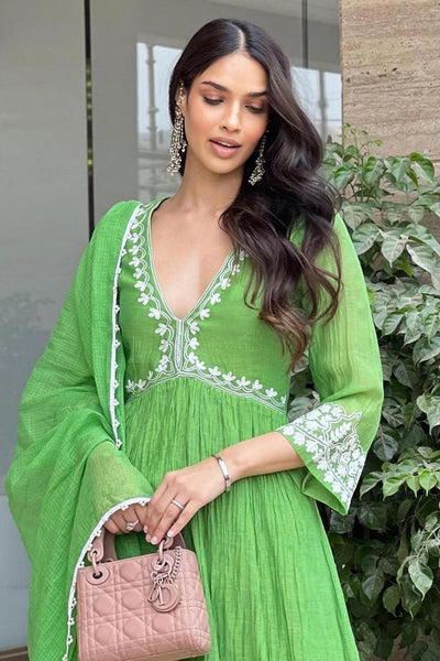 Green Chanderi Silk Neckline Embroidered Kurta Set