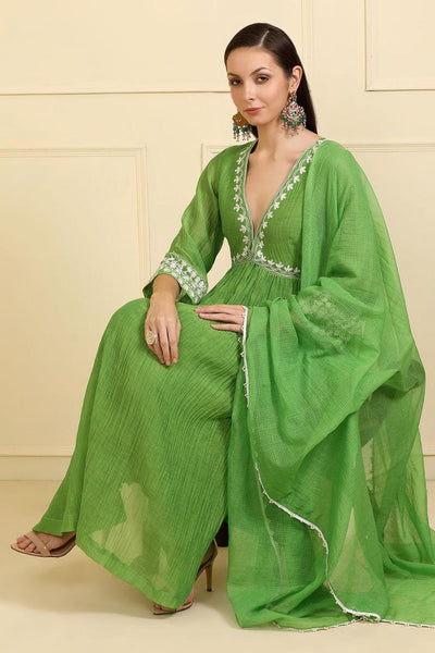 Green Chanderi Silk Neckline Embroidered Kurta Set