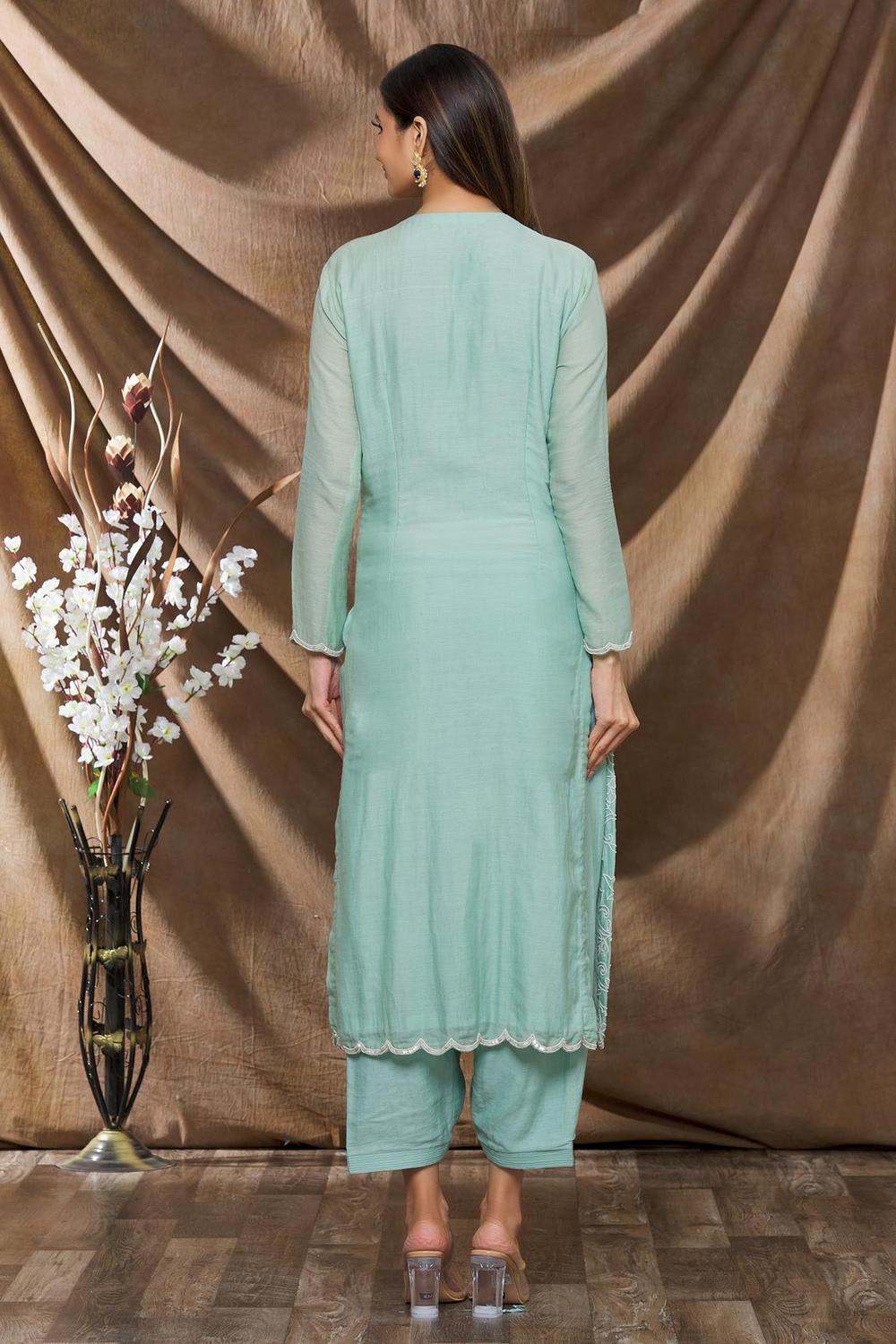 Green Cotton Silk Kurta And Pant Set