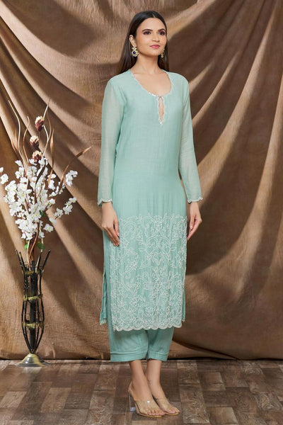 Green Cotton Silk Kurta And Pant Set