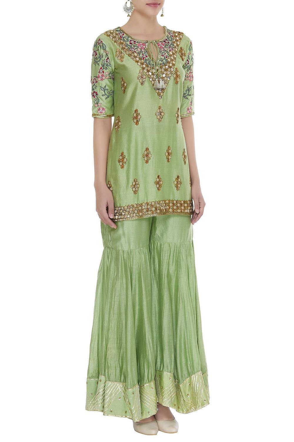 Green Embellished Kurta With Gharara