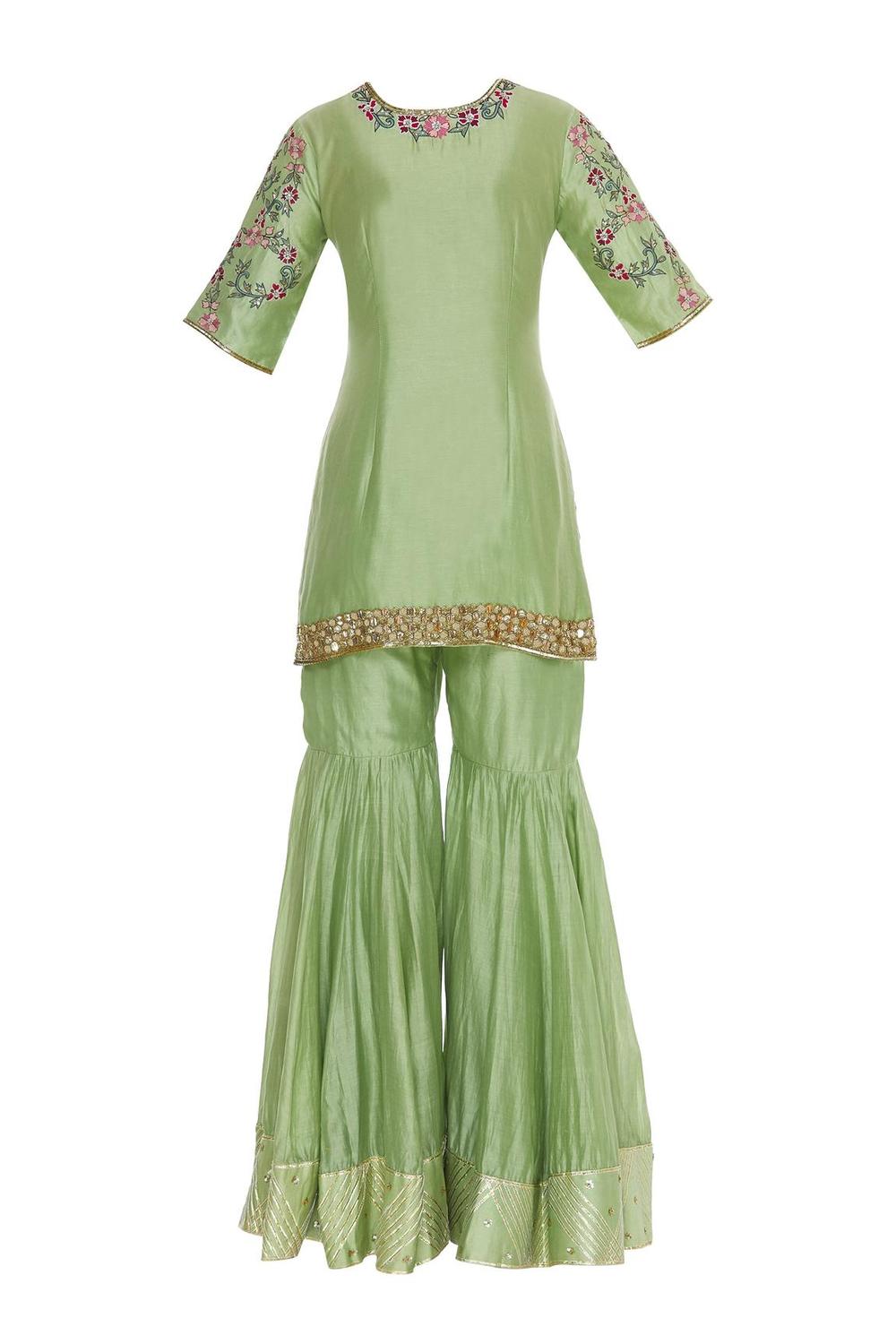 Green Embellished Kurta With Gharara