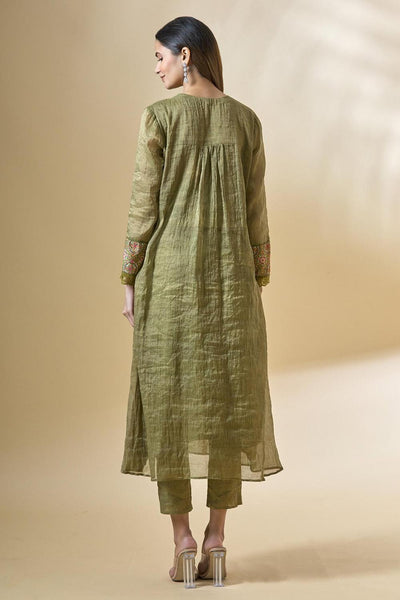 Green Embroidered Chanderi Kurta Set