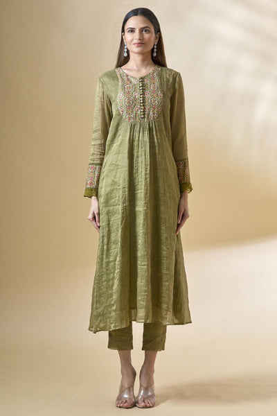 Green Embroidered Chanderi Kurta Set