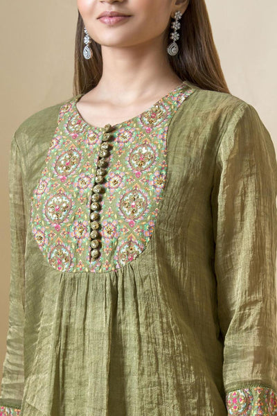 Green Embroidered Chanderi Kurta Set