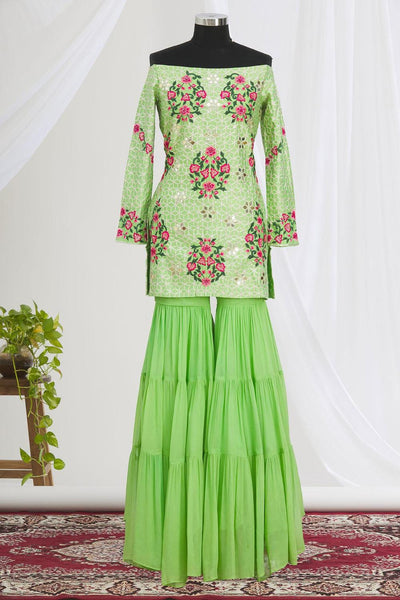 Green Embroidered Kurta Sharara Set