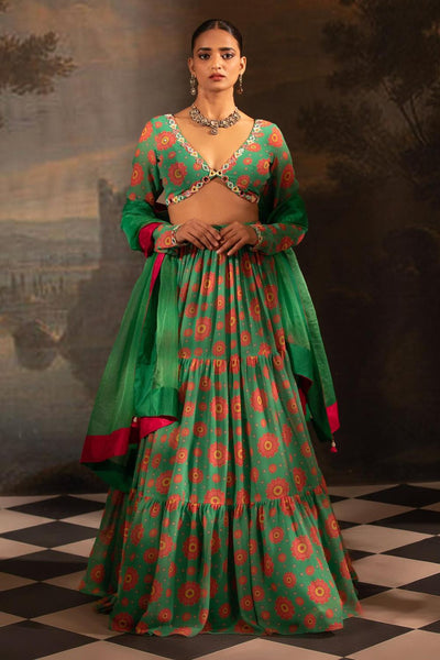 Green Garden Print Lehenga Set