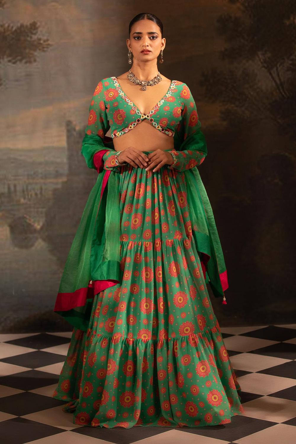 Green Garden Print Lehenga Set