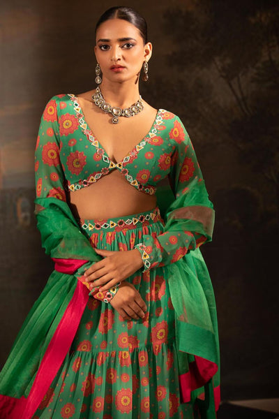 Green Garden Print Lehenga Set