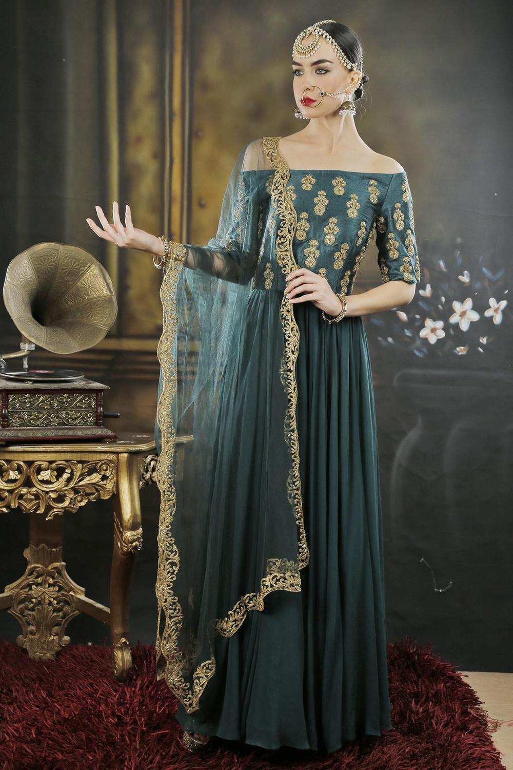 Green Georgette Off Shoulder Anarkali With Dupatta