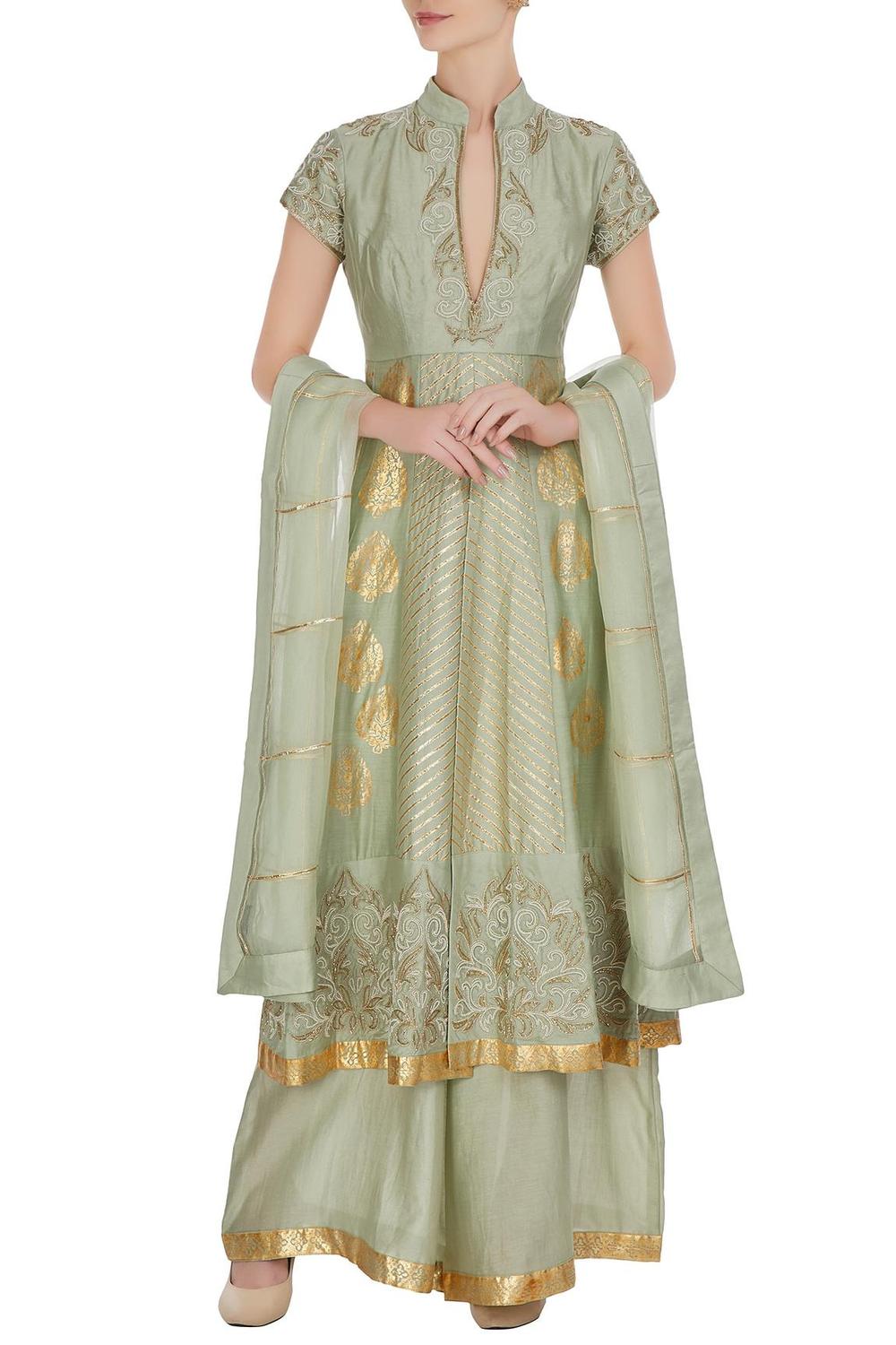 Green Gota Embroidered And Cutdana Anarkali Set