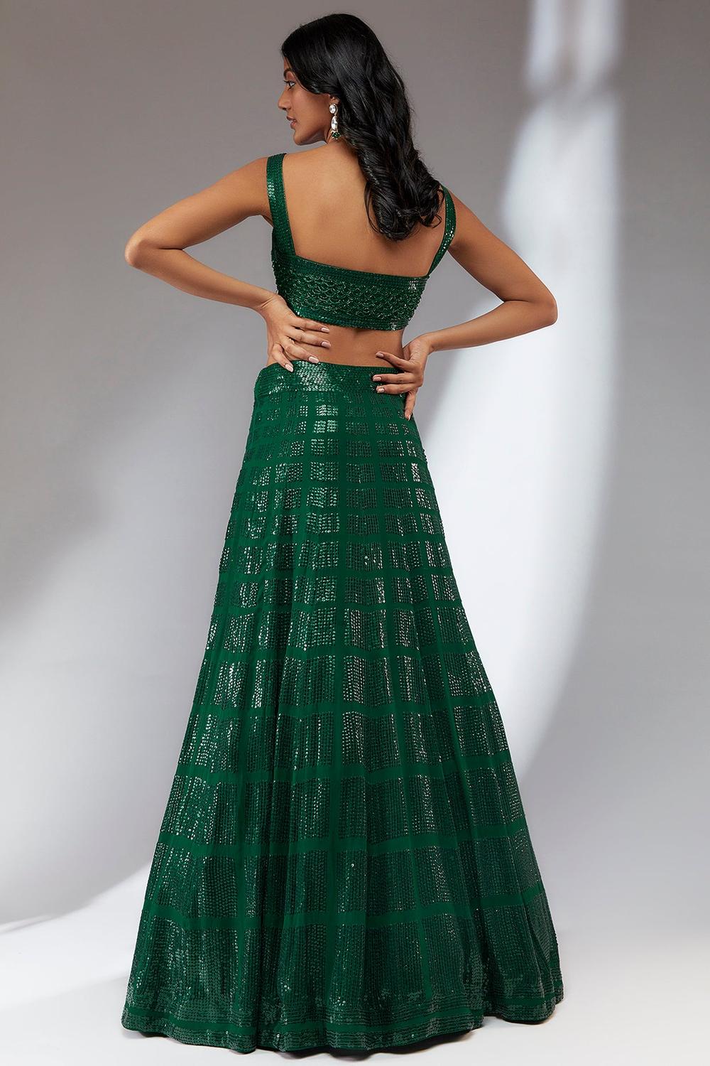 Green hand embroidered sequin lehenga set