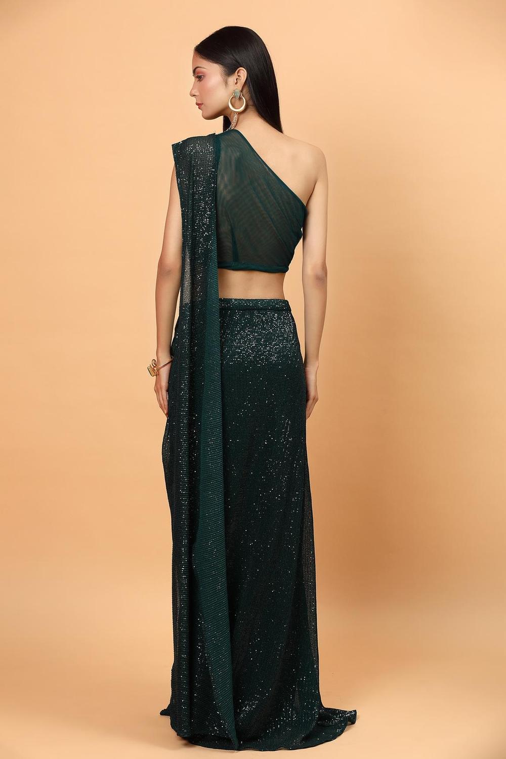 Green Net Pre-draped Saree With One Shoulder Blouse