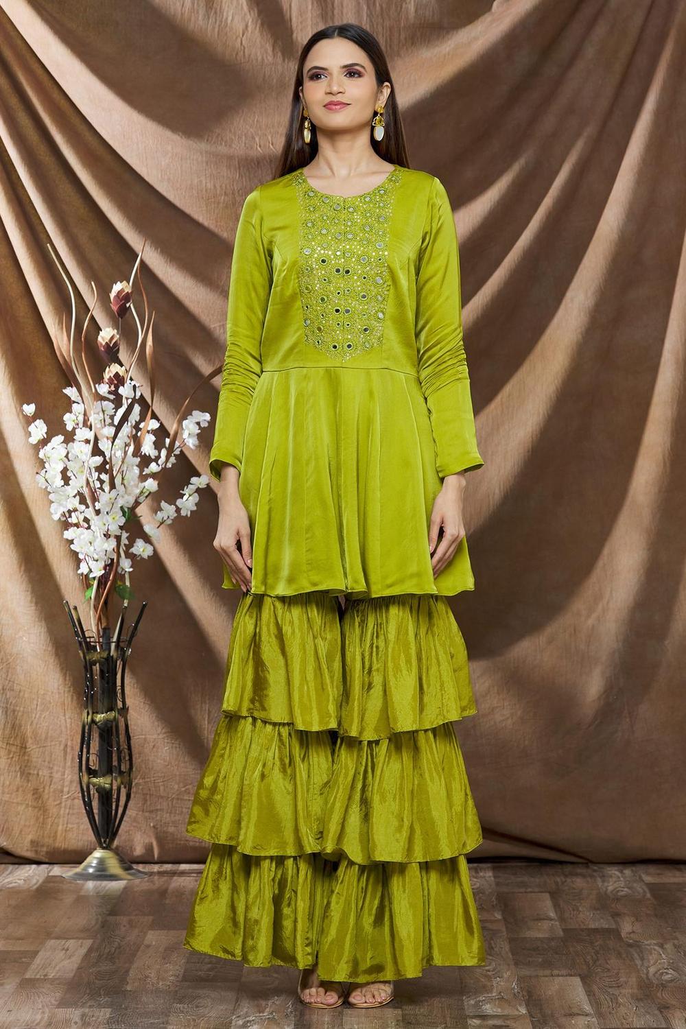 Green Organza Embroidered Kurta Gharara Set