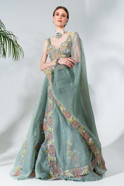 Green Organza Floral Applique Lehenga Set