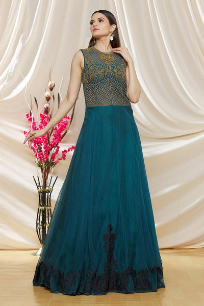 Green Organza Floral Embroidered Gown