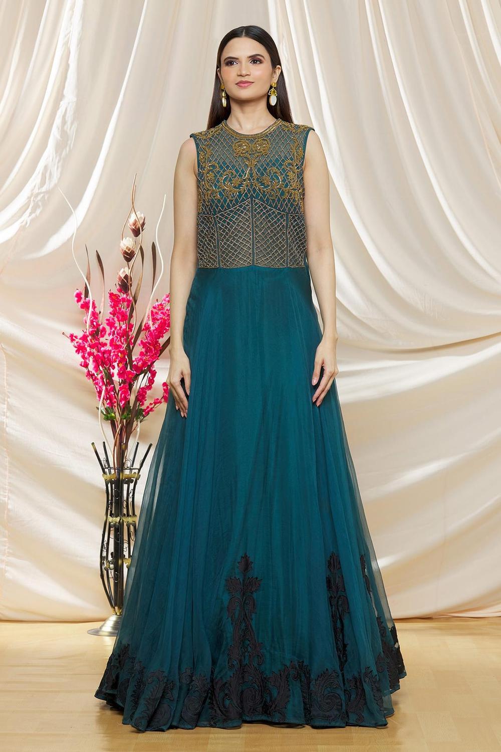 Green Organza Floral Embroidered Gown