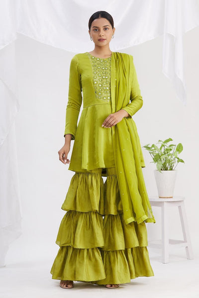 Green Organza Mirror Embroidered Kurta Gharara Set