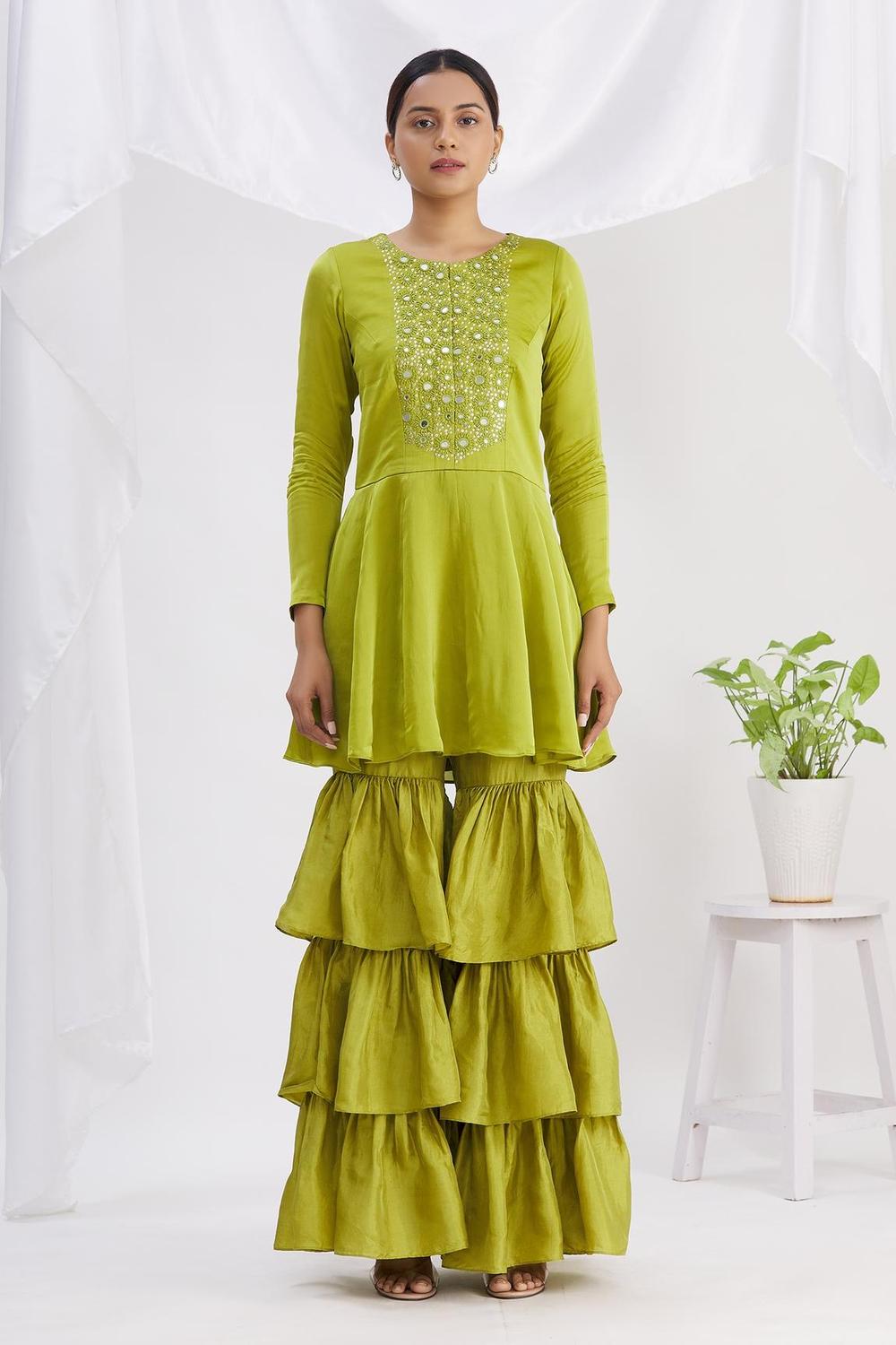 Green Organza Mirror Embroidered Kurta Gharara Set