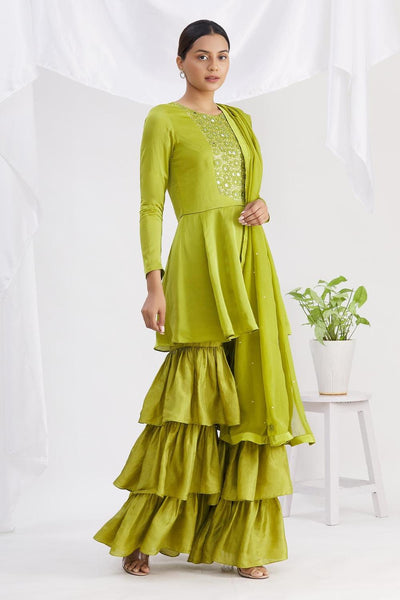 Green Organza Mirror Embroidered Kurta Gharara Set