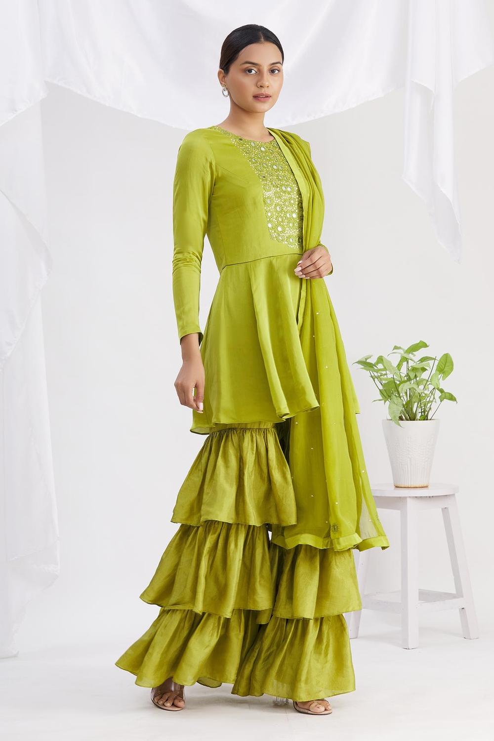 Green Organza Mirror Embroidered Kurta Gharara Set