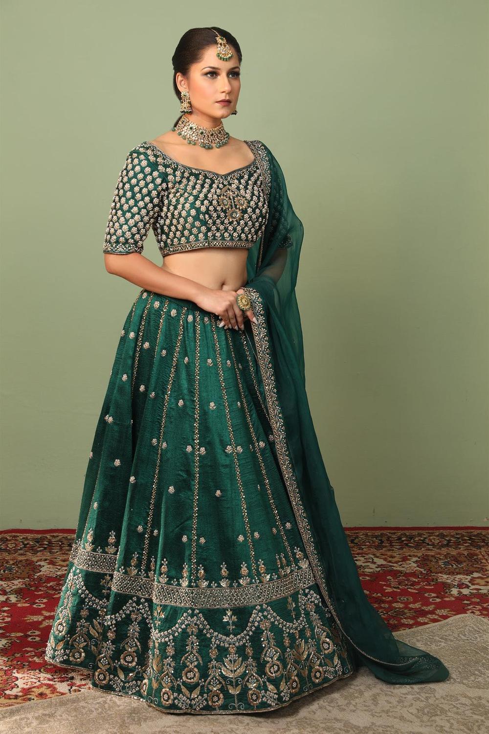 Green Raw Silk Embroidered Lehenga Set