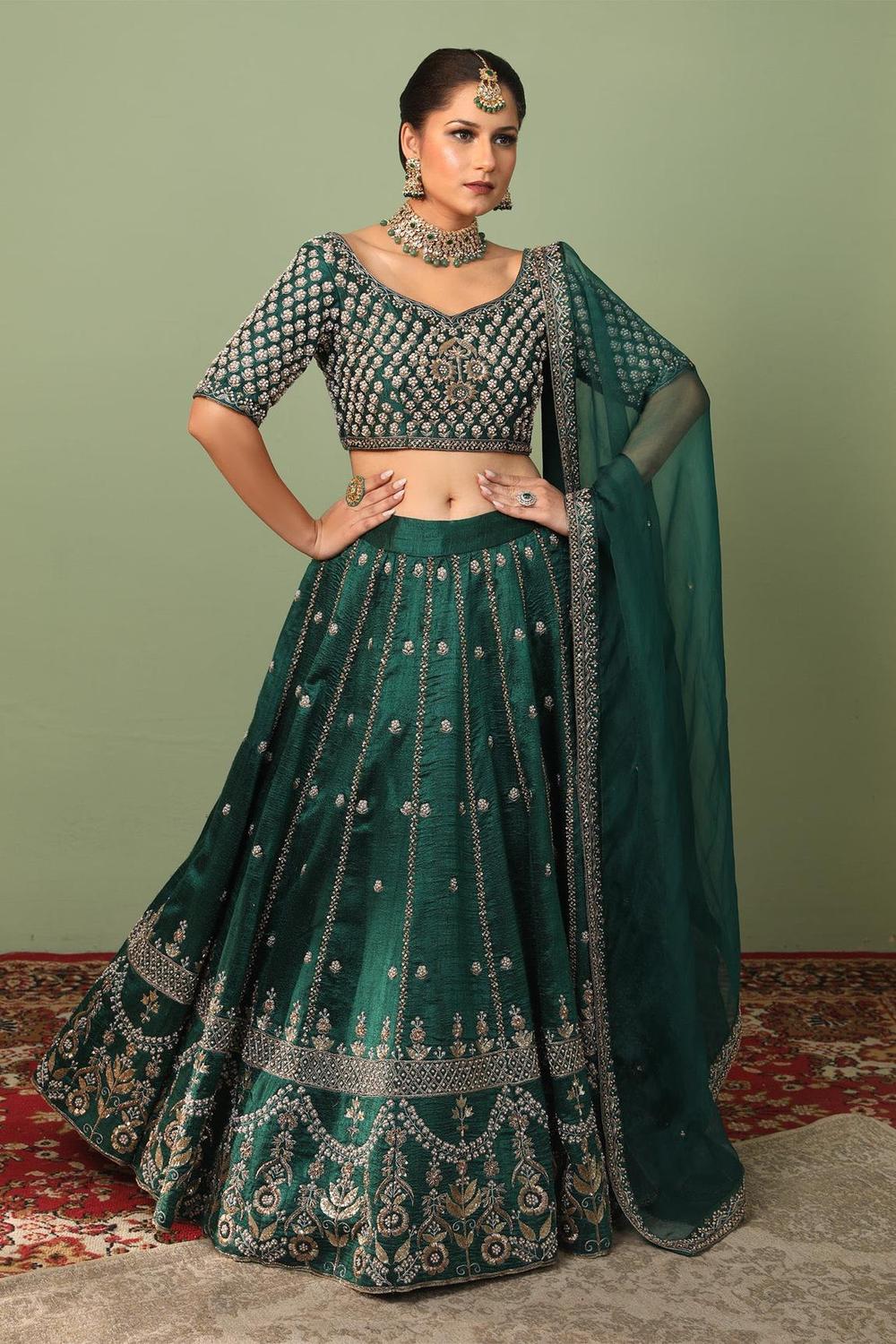 Green Raw Silk Embroidered Lehenga Set