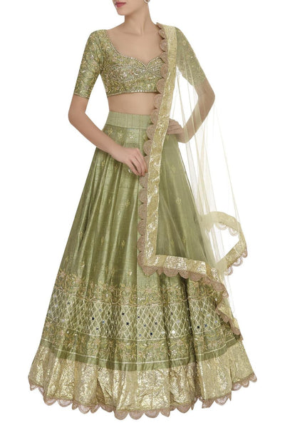 Green Sequin And Dabka Embroidered Lehenga Set