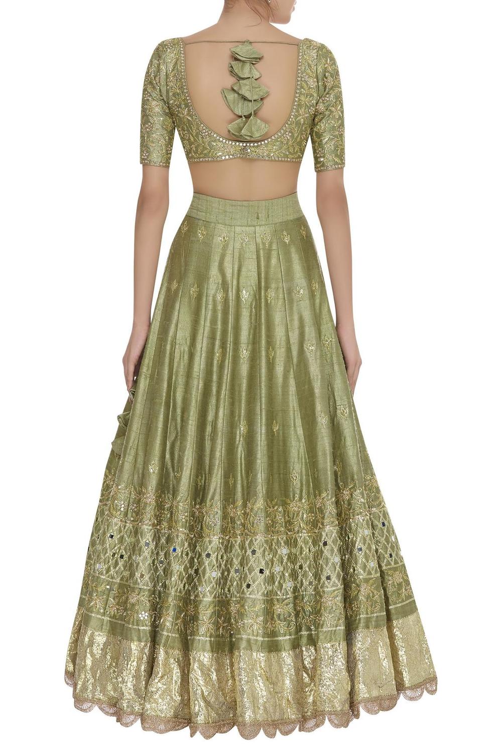 Green Sequin And Dabka Embroidered Lehenga Set