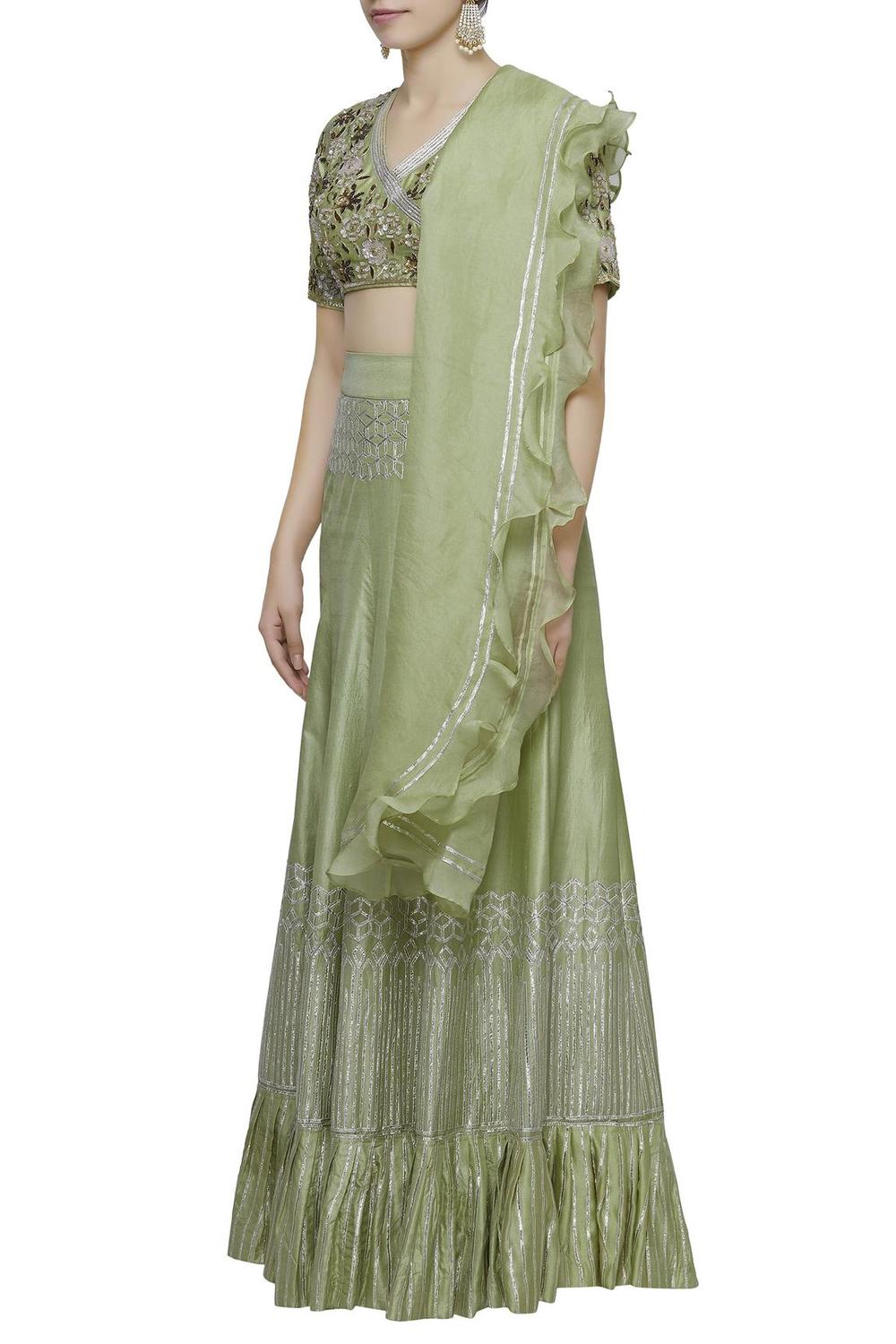 Green Silk Embroidered Lehenga Set