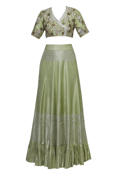 Green Silk Embroidered Lehenga Set