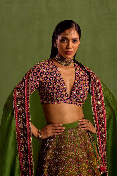 Green Viscose Raw Silk Print Quatrefoil Plunging V Hand Embroidered Lehenga Set