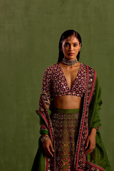 Green Viscose Raw Silk Print Quatrefoil Plunging V Hand Embroidered Lehenga Set