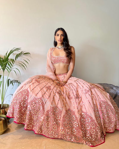 Peach Net Mirror Embroidered Lehenga Set