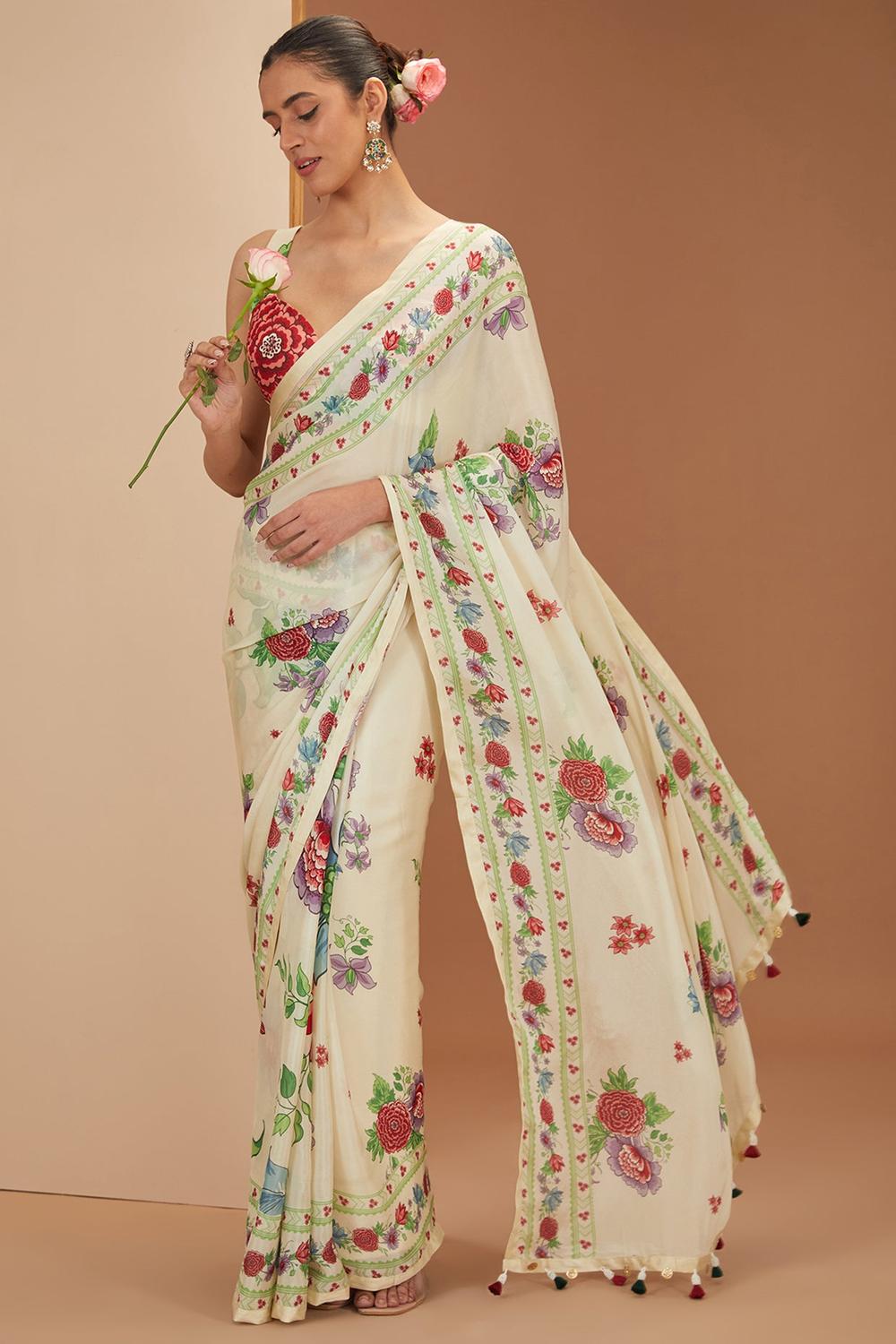 Ivory Viscose Chinon Printed Botanical And Stripe Saree & Blouse Set For Women