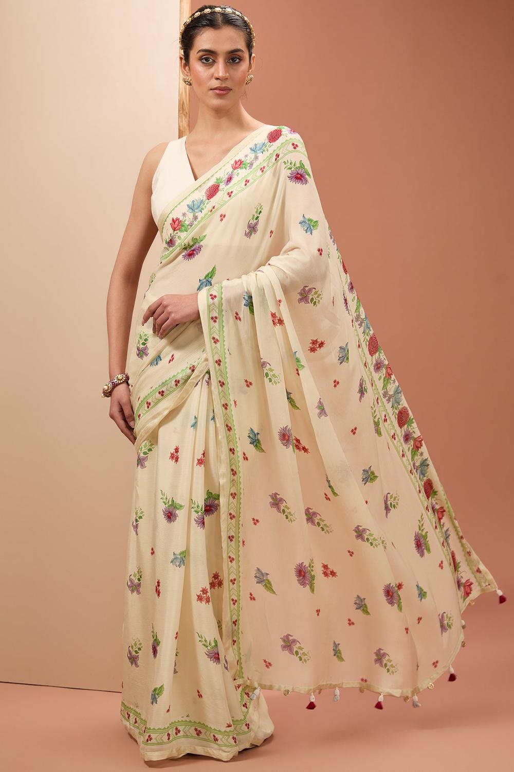 Ivory Viscose Cotton Digital Print Floral Bloom V Saree With Blouse For Women