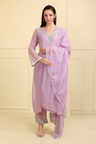 Lilac Chanderi Silk Neckline Embroidered Kurta Pant Set