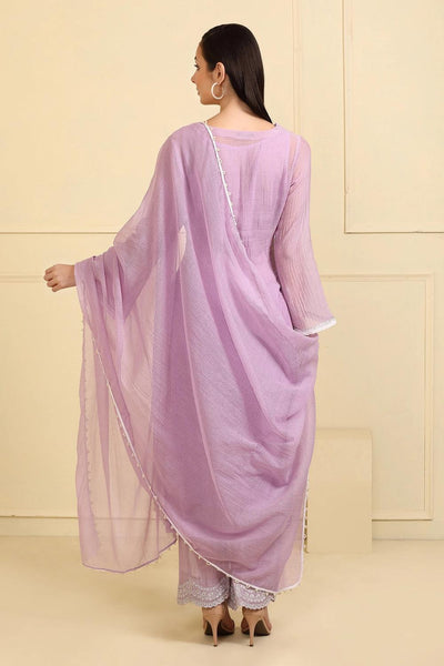 Lilac Chanderi Silk Neckline Embroidered Kurta Pant Set