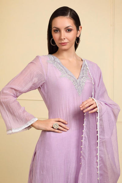 Lilac Chanderi Silk Neckline Embroidered Kurta Pant Set