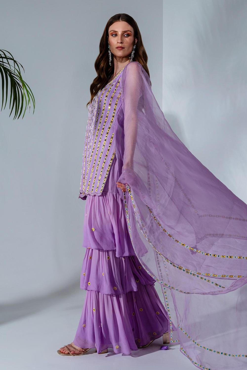 Lilac Embroidered Kurta And Sharara Set