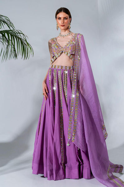 Lilac panelled lehenga with mirror and thread embroidery