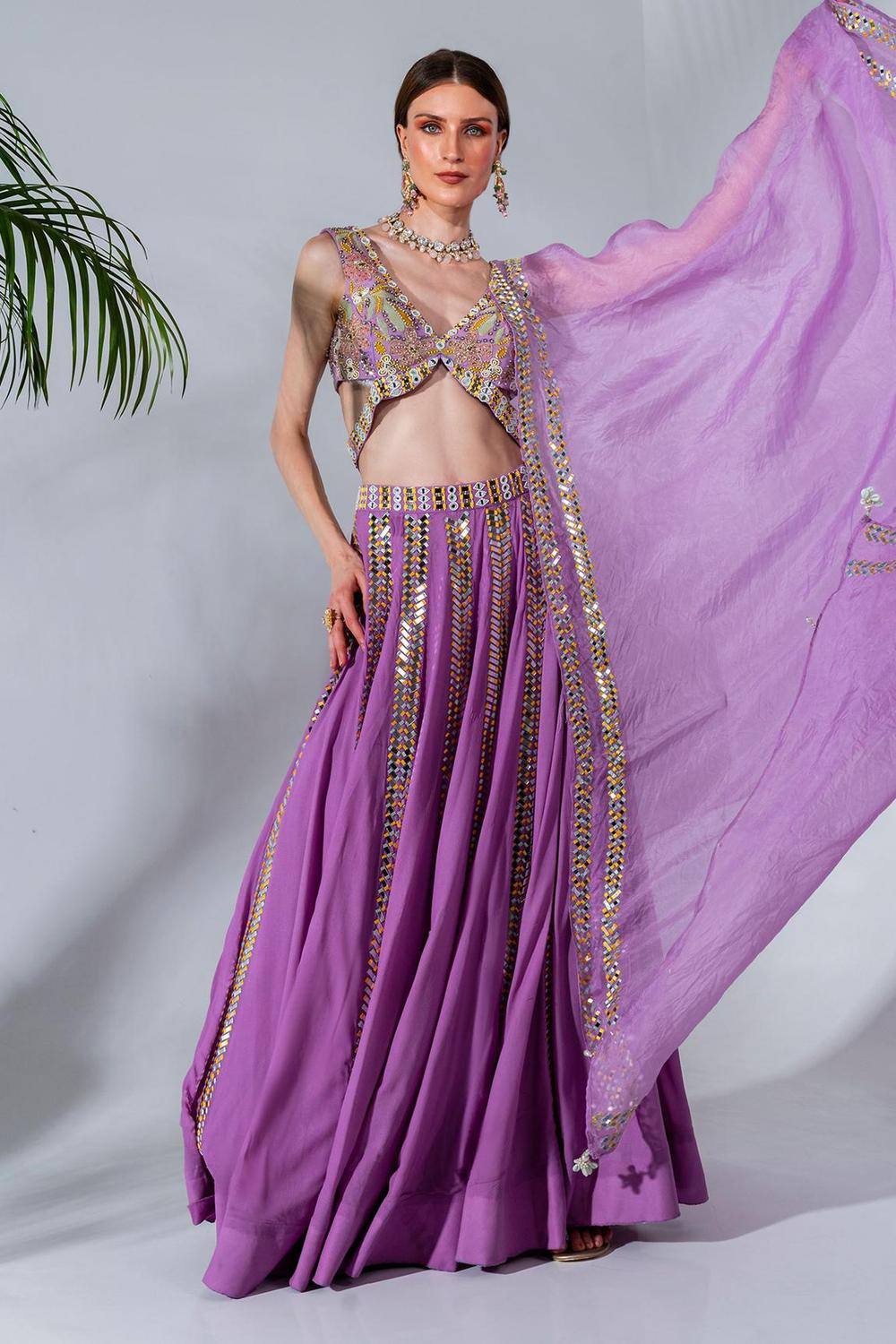 Lilac panelled lehenga with mirror and thread embroidery