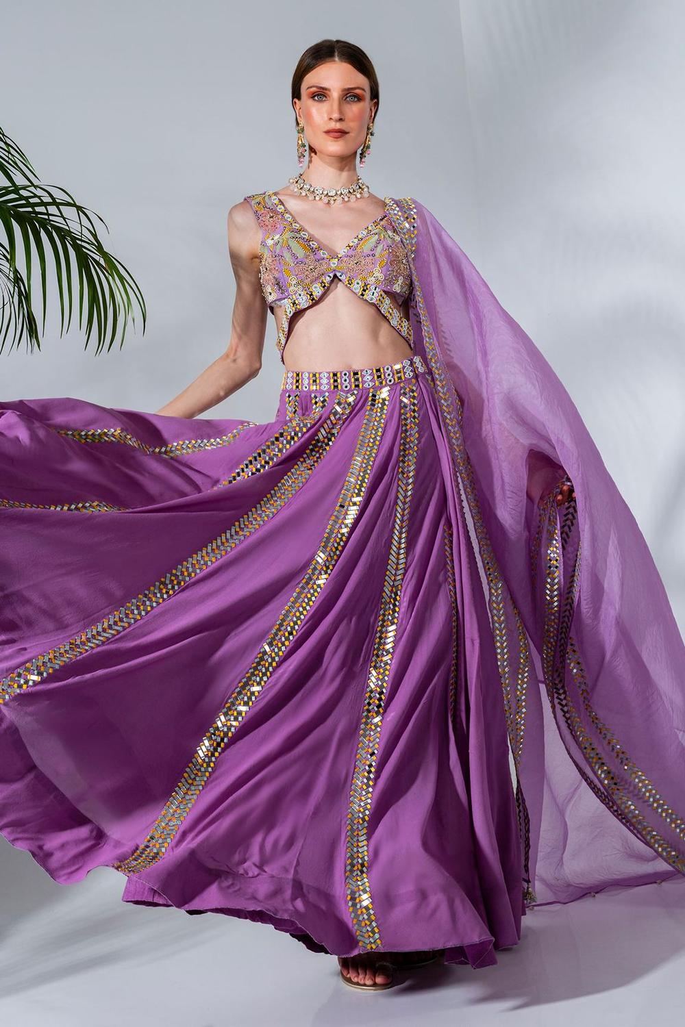 Lilac panelled lehenga with mirror and thread embroidery