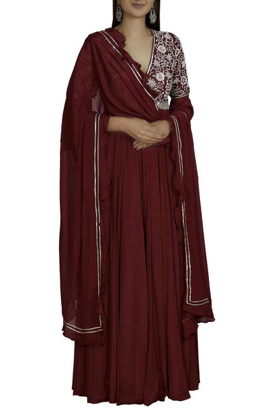 Maroon Chanderi Anarkali With Dupatta