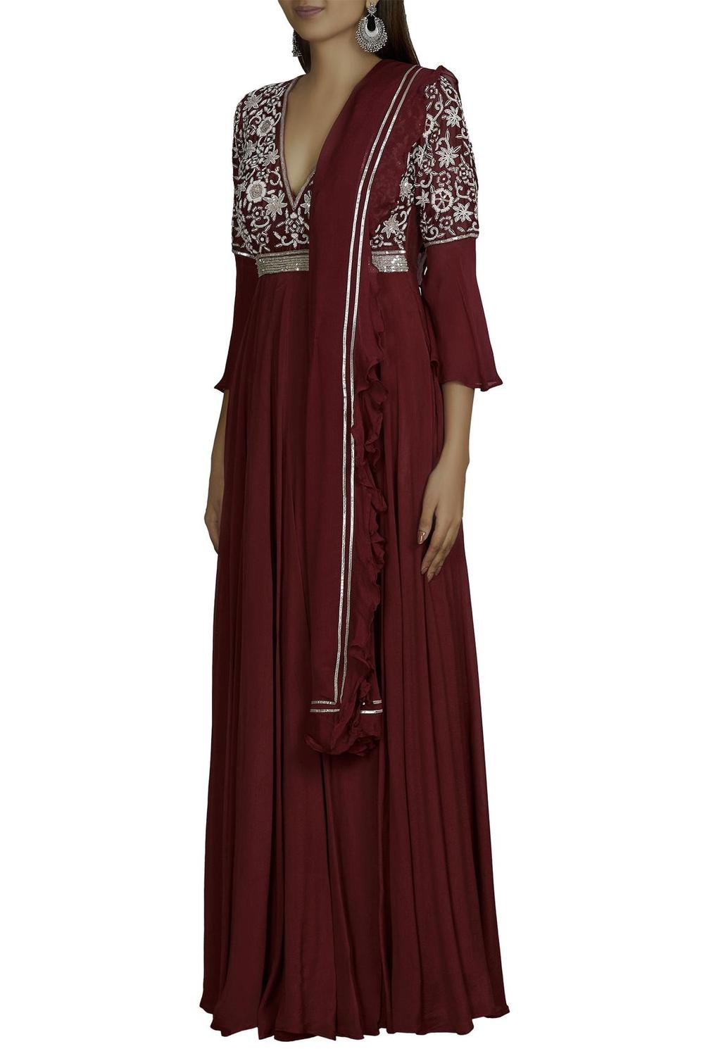 Maroon Chanderi Anarkali With Dupatta